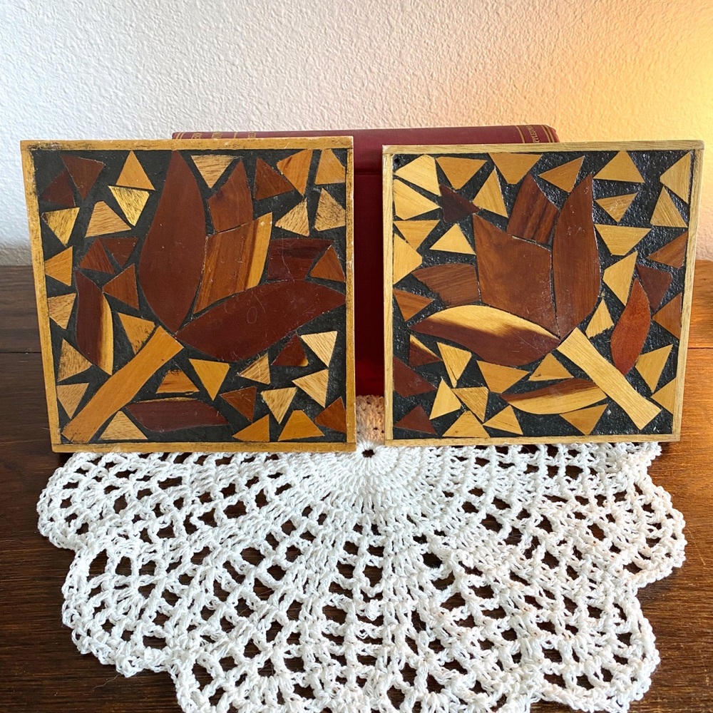 Vintage MCM Handlaid Wooden Trivet Set